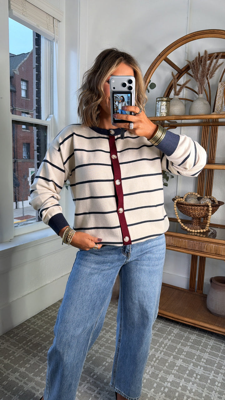 Timeless Stripe Knit Sweater, Oatmeal/Navy Stripe