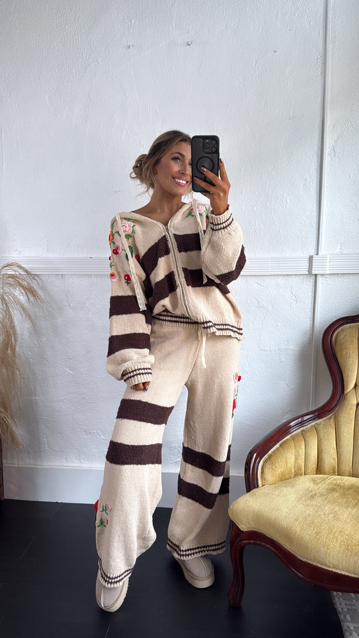 Striped Floral Detail Zip Up Sweater, Mocha Multi