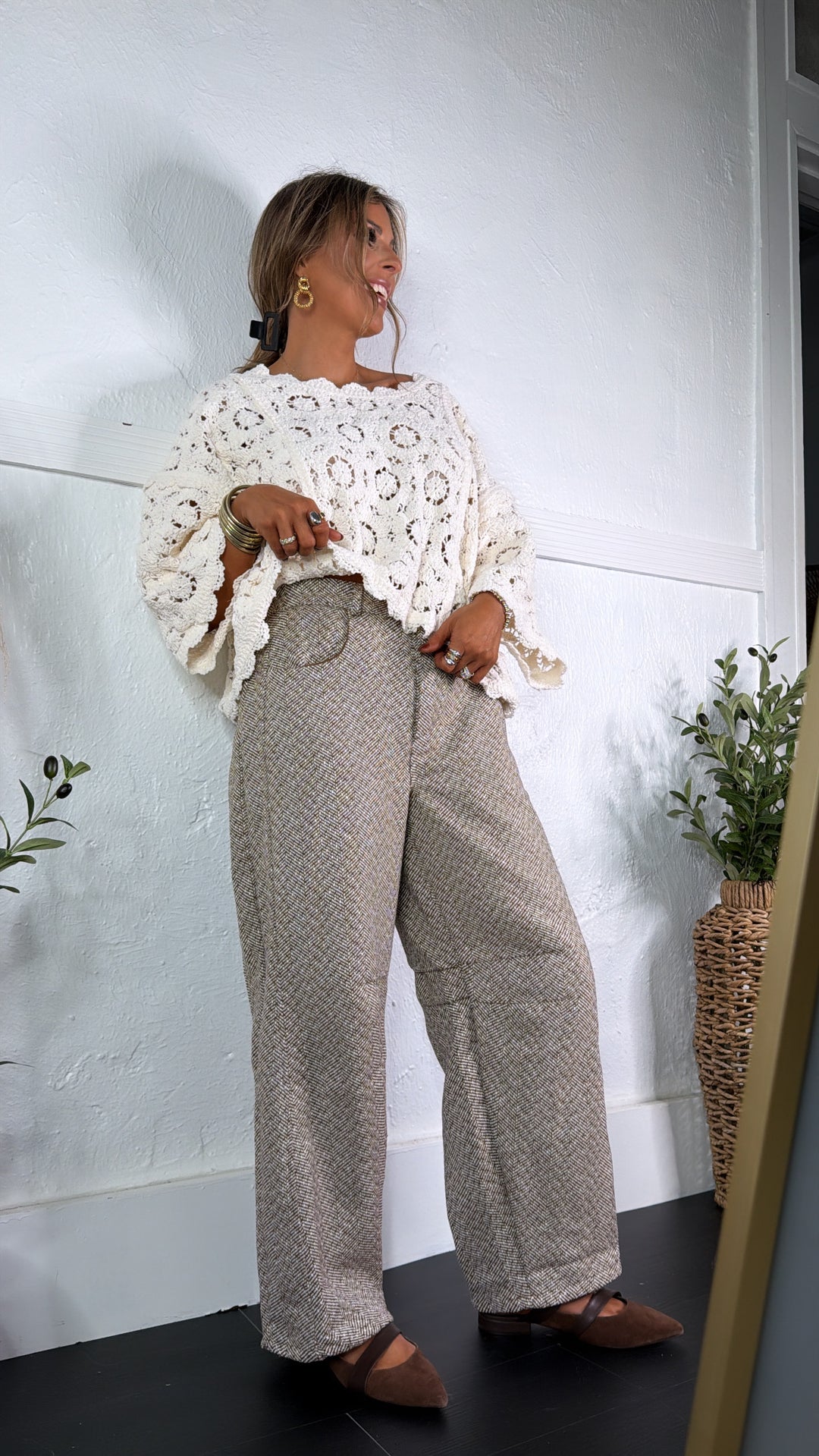 Crescent Bay Herringbone Barrel Pant, Brown