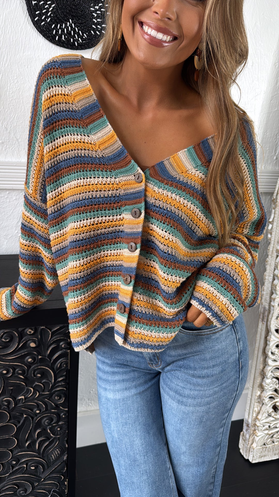 Homeroom Teacher Knit Cardigan, Yellow/ Multi