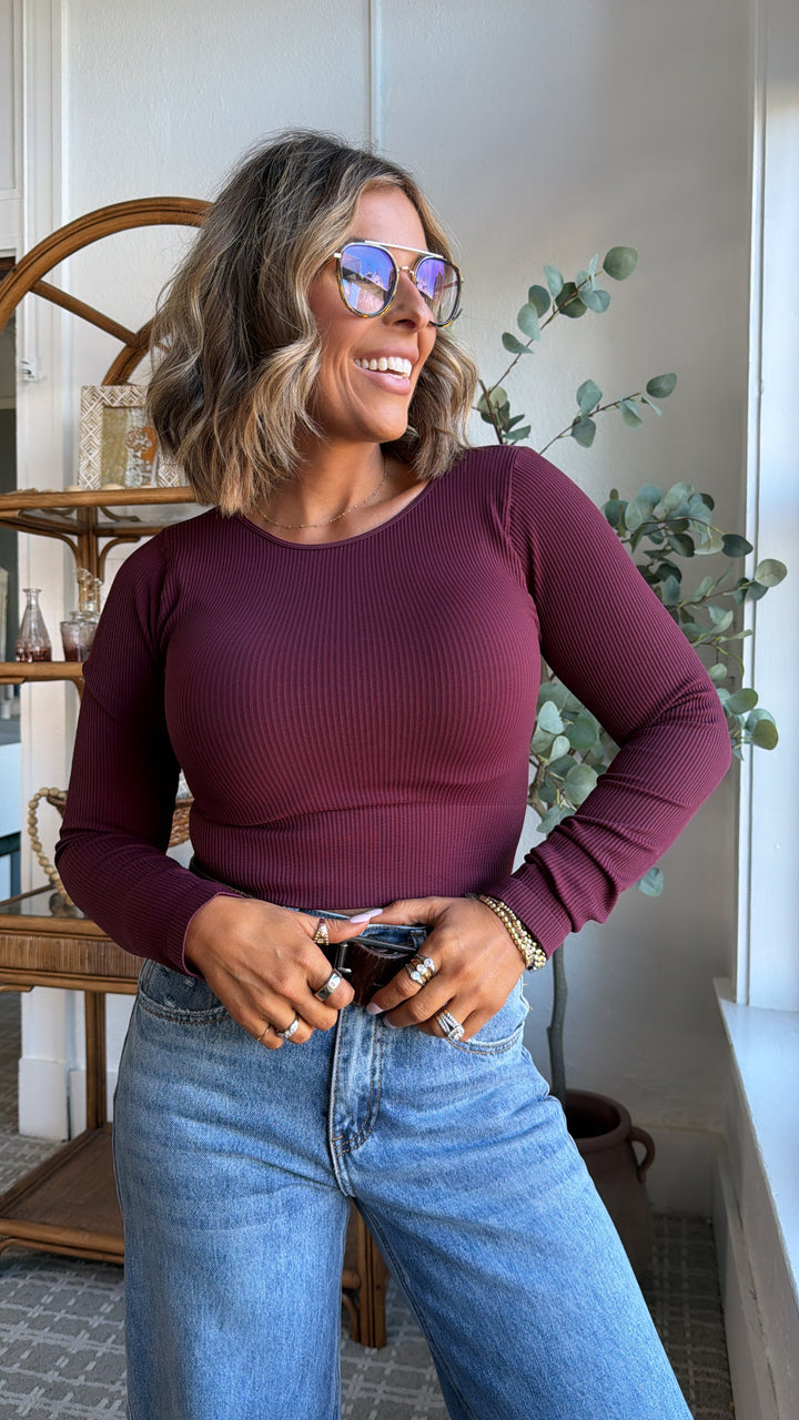 Ribbed Long Sleeve Crew Neck Top, Maroon