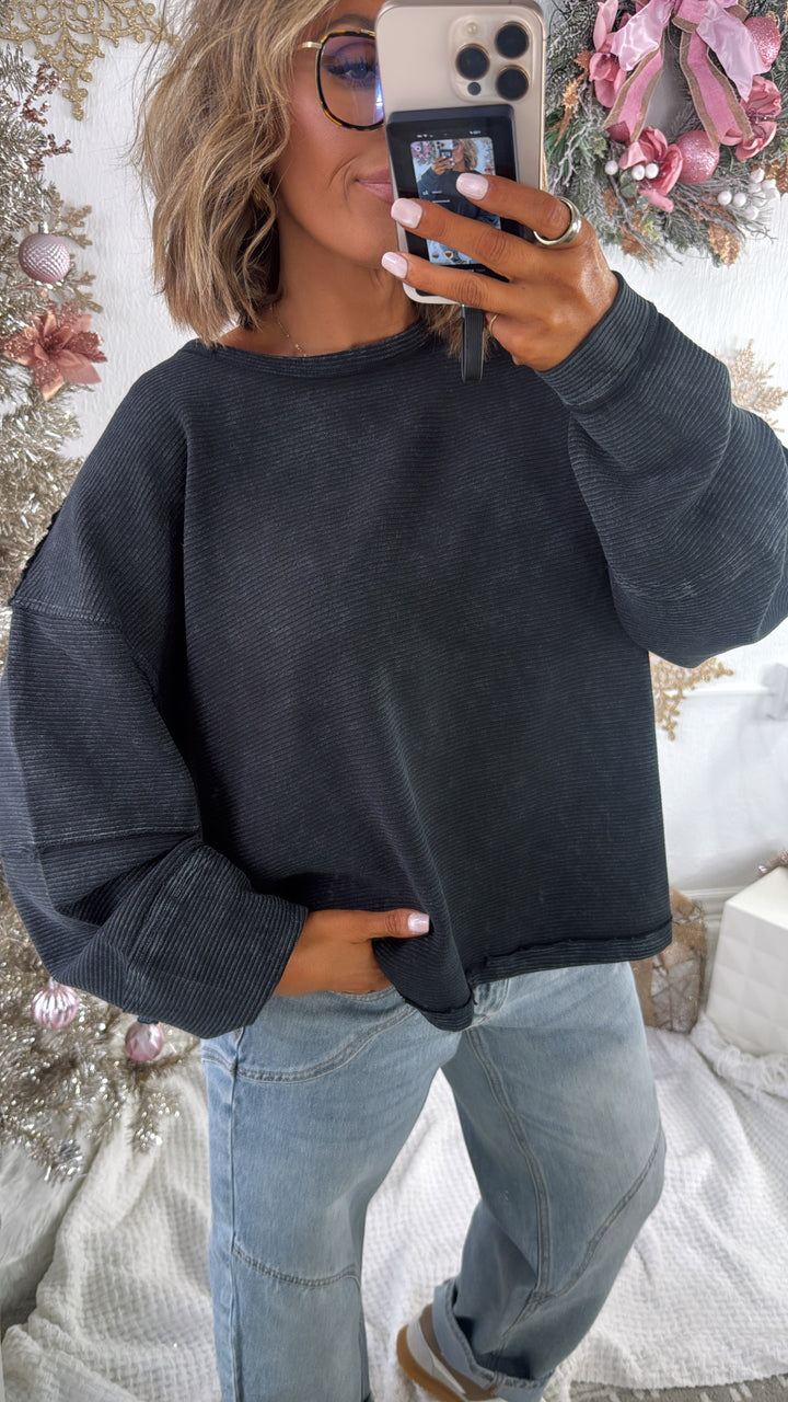 DOORBUSTER: Acid Washed Ribbed Cropped Pullover, Black