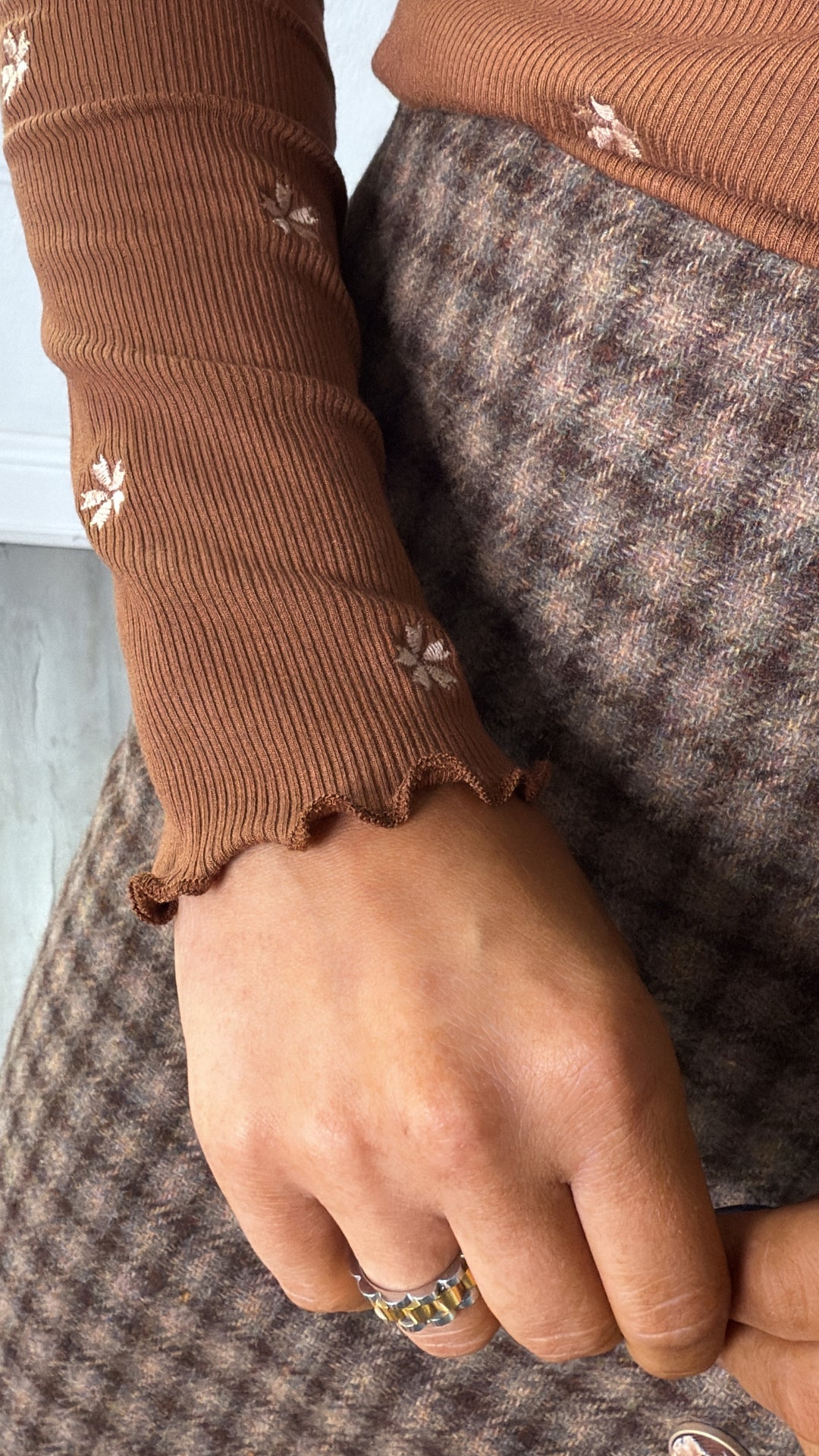 Spruce Haze Embroidered Mock Neck, Carmel