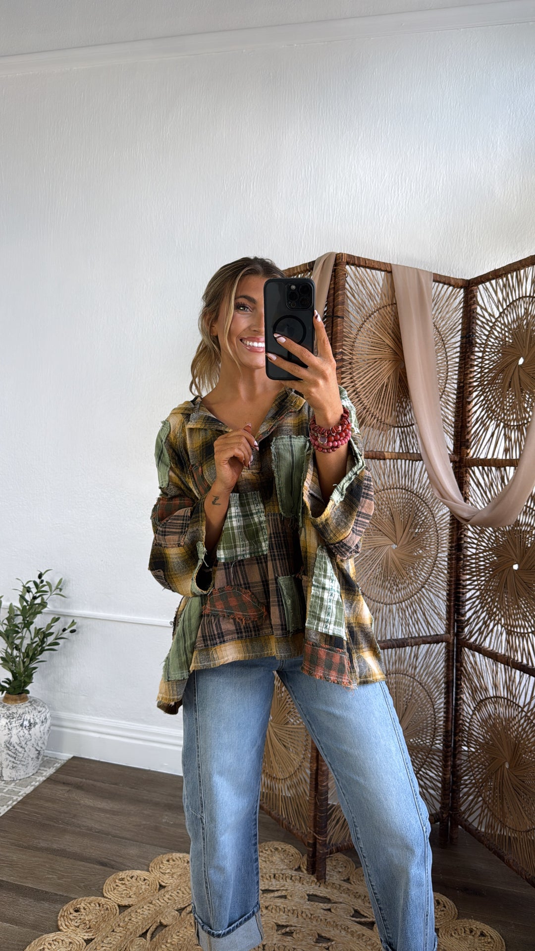 Mix It Up Patchwork Flannel Hooded Top