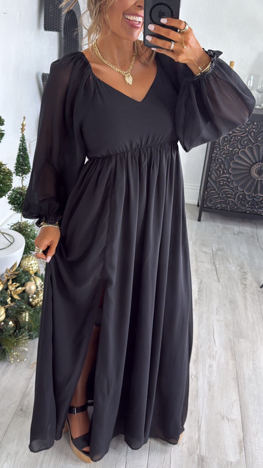 ECB Exclusive: Timeless Romantic Chiffon Maxi Dress, Black