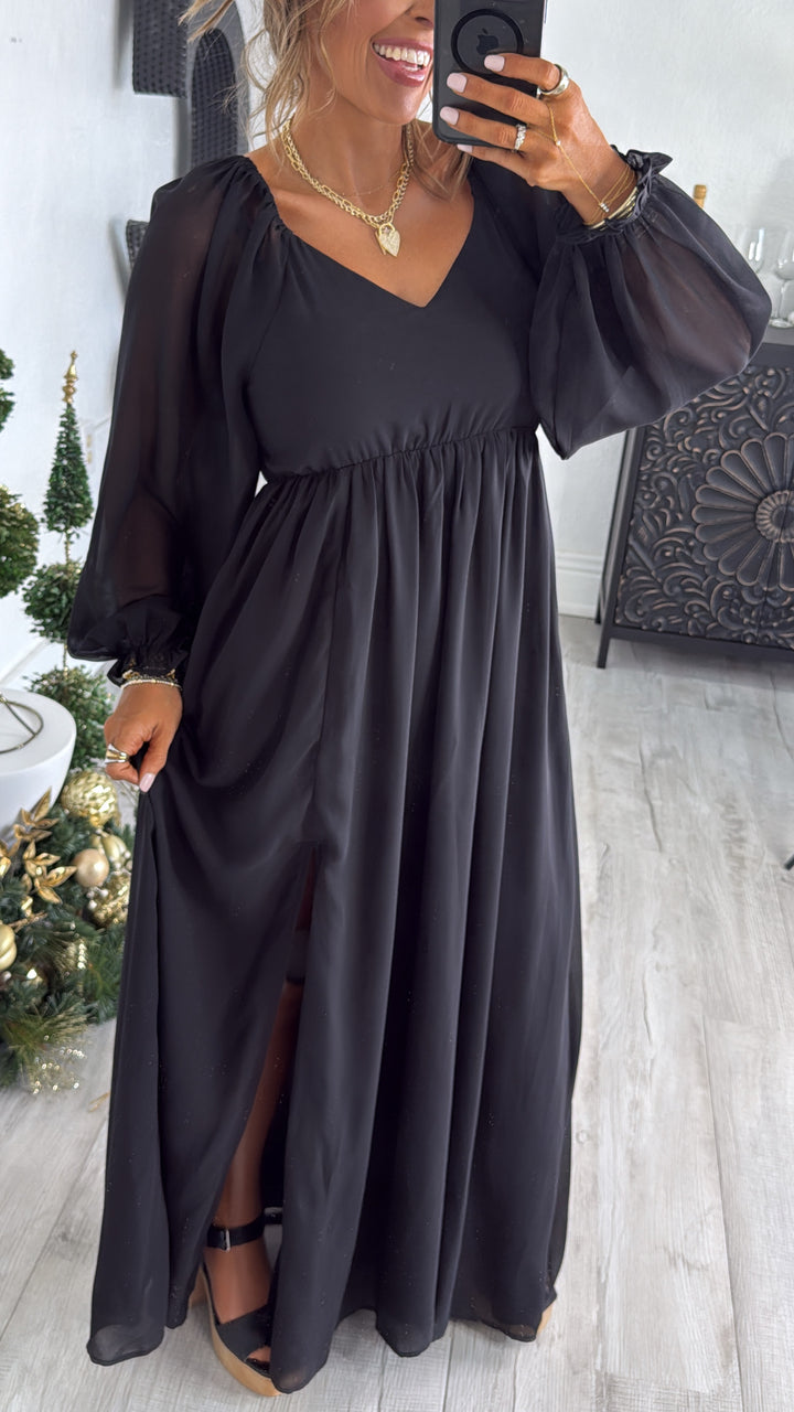 ECB Exclusive: Timeless Romantic Chiffon Maxi Dress, Black
