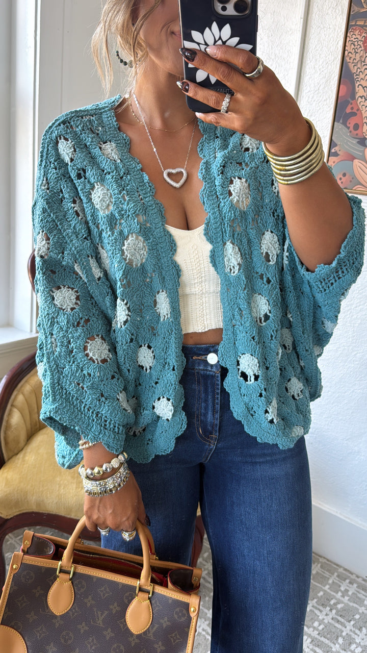 Harvest Drape Cardigan, Teal Blue/ Cream