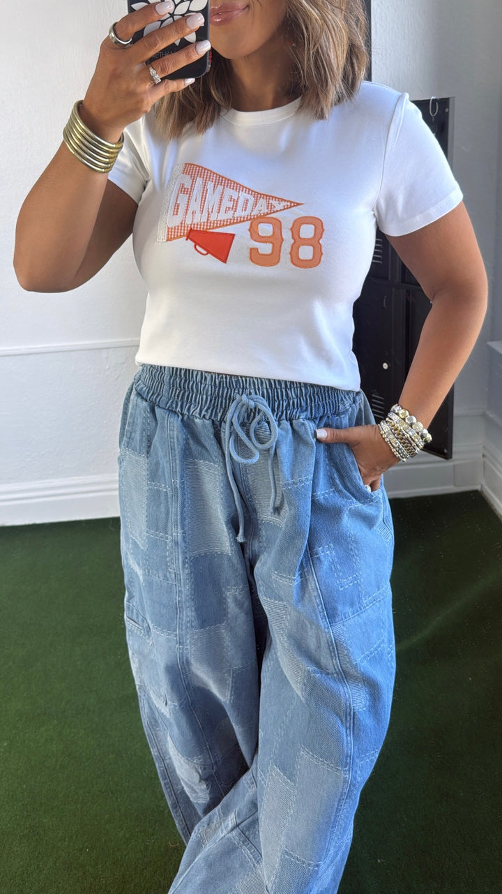 ECB Exclusive: Demi Denim Checkered Patchwork Jogger Pant