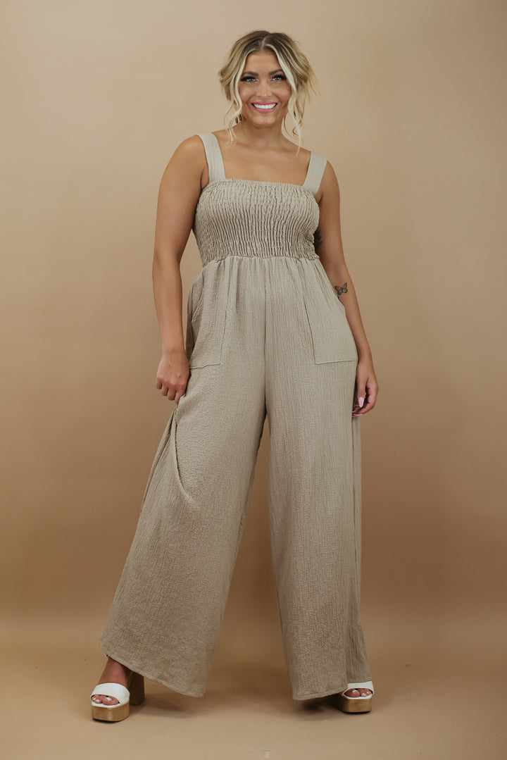 To The Tropics Jumpsuit, Taupe
