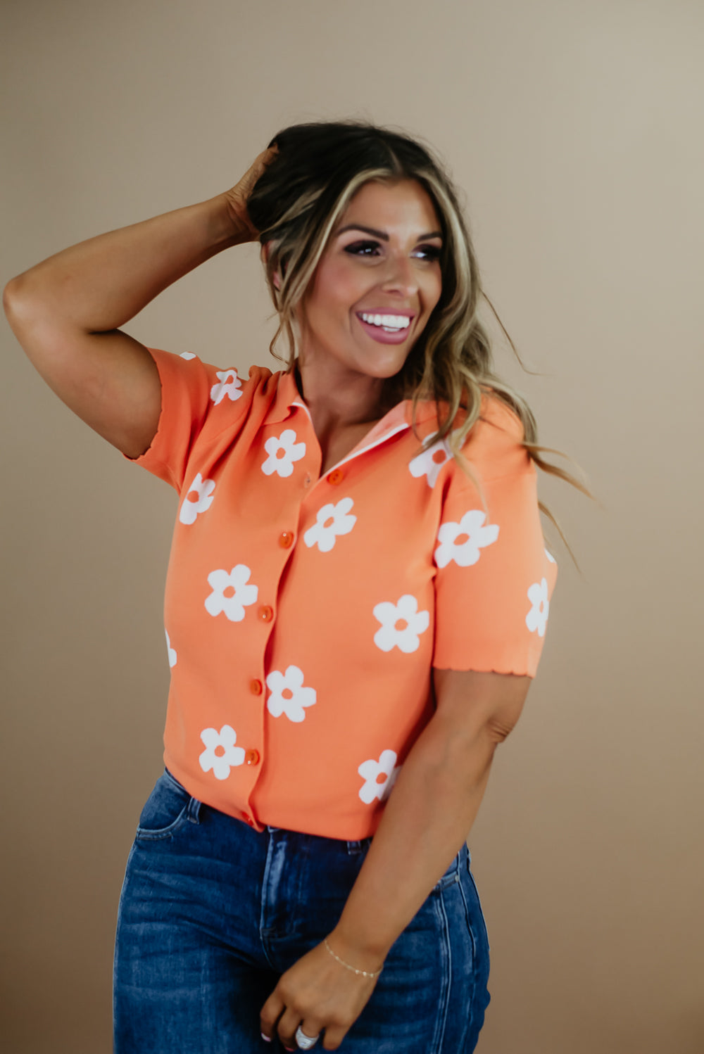 Floral Blouse With Collar, Coral