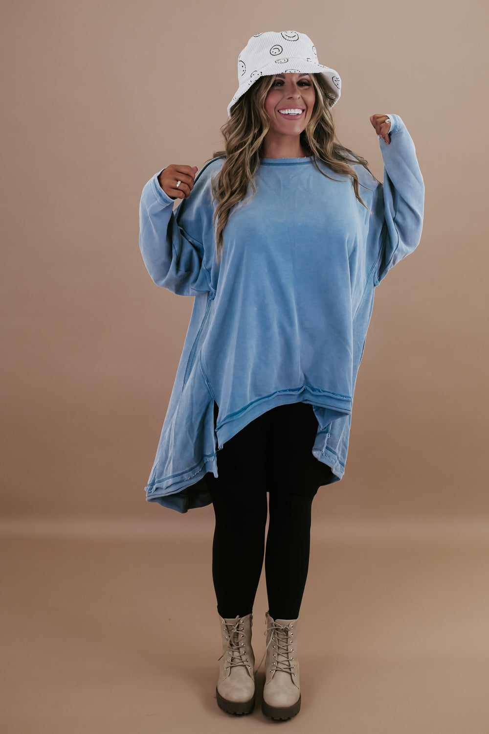 Mineral Washed Oversized Tunic Pullover, Denim