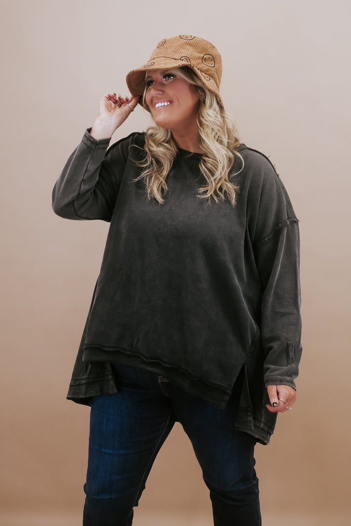 Mineral Washed Oversized Tunic Pullover, Black
