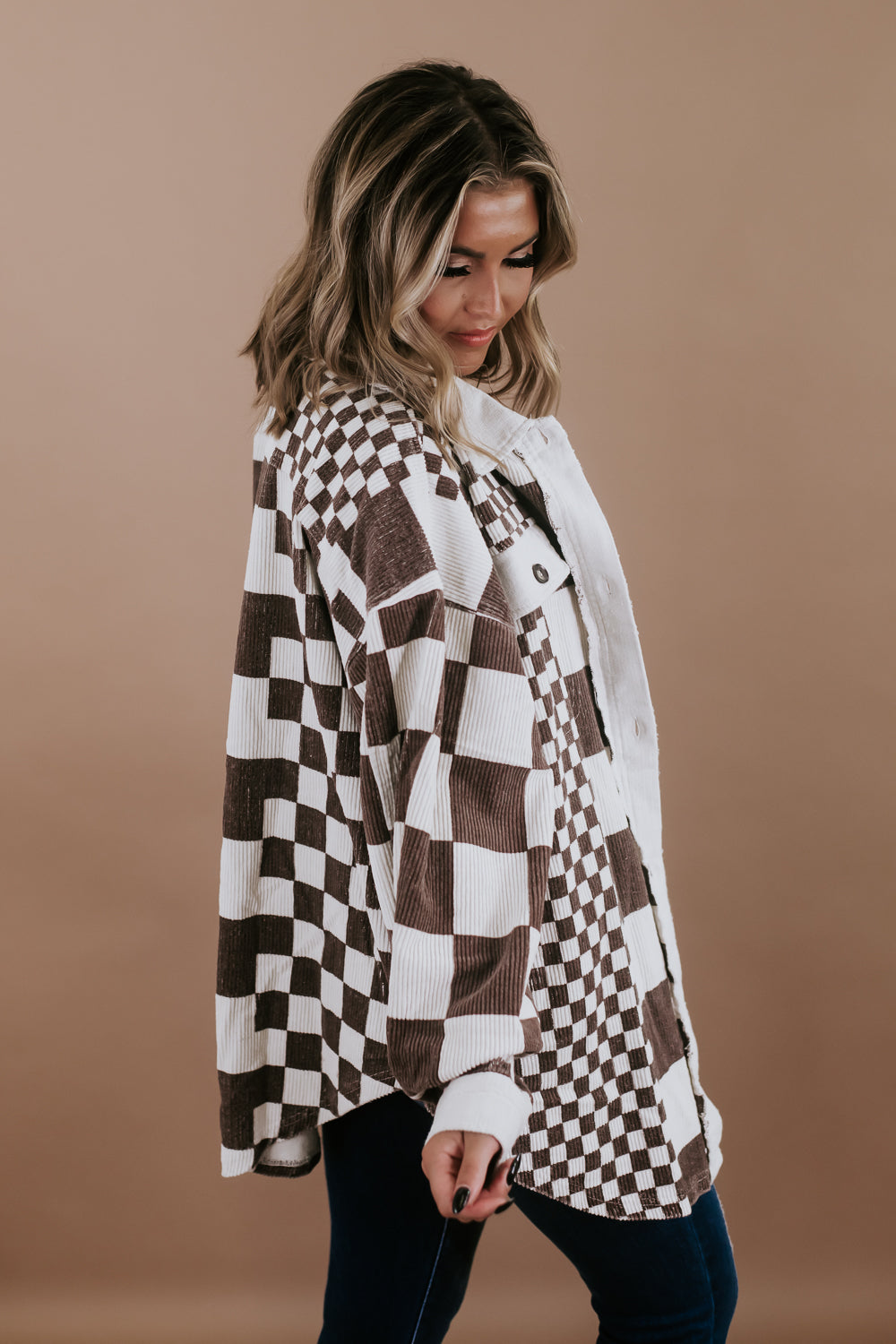 Mixed Checkered Print Corduroy Jacket, Mocha Brown