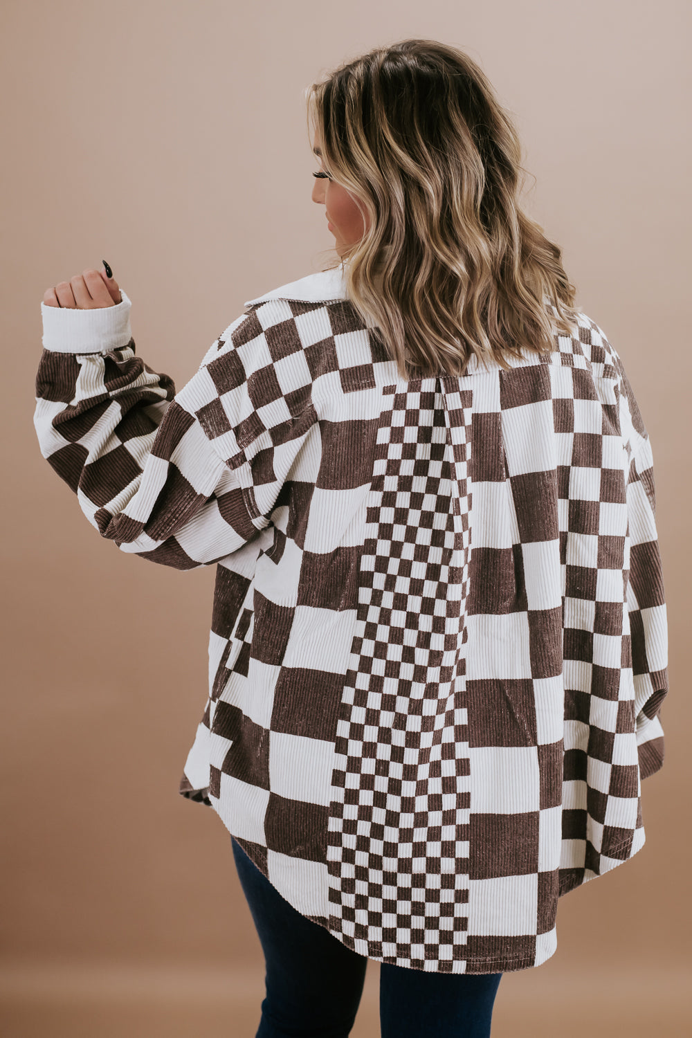 Mixed Checkered Print Corduroy Jacket, Mocha Brown