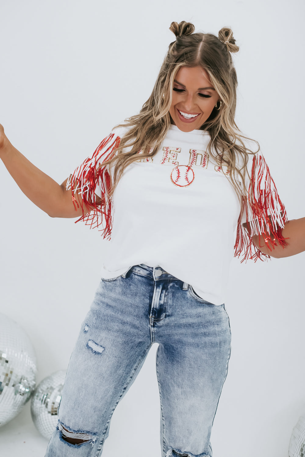 REDS Patched Fringe Top, White/Red