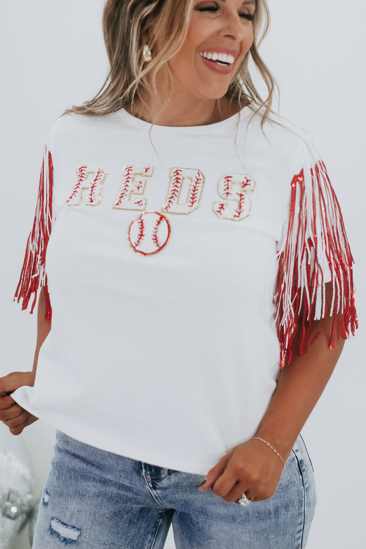 REDS Patched Fringe Top, White/Red