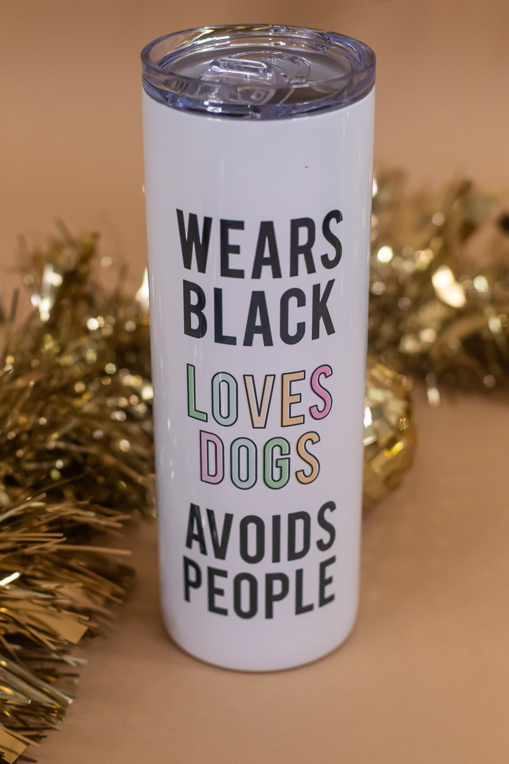 Tall Travel Mug, Wears Black Loves Dogs