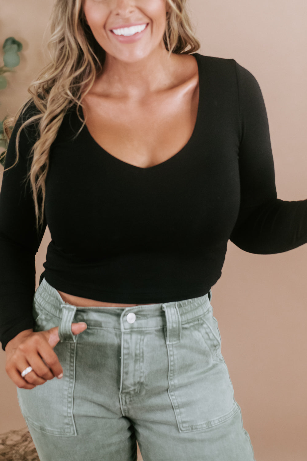 Double Layered Long Sleeve Crop , Black