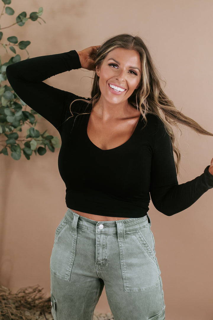 Double Layered Long Sleeve Crop , Black