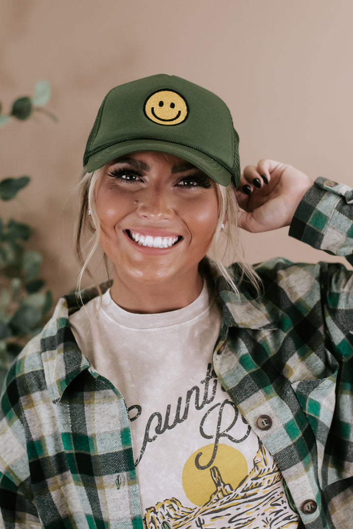 Smiley Face Trucker Hat, Olive