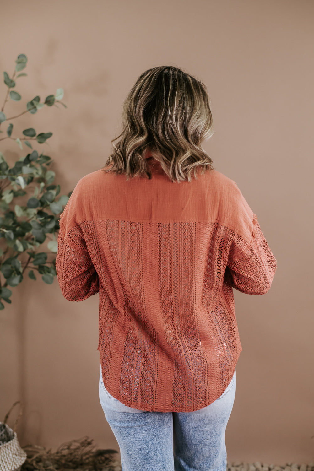 Can't Get Enough Crochet Button Down Top, Rust