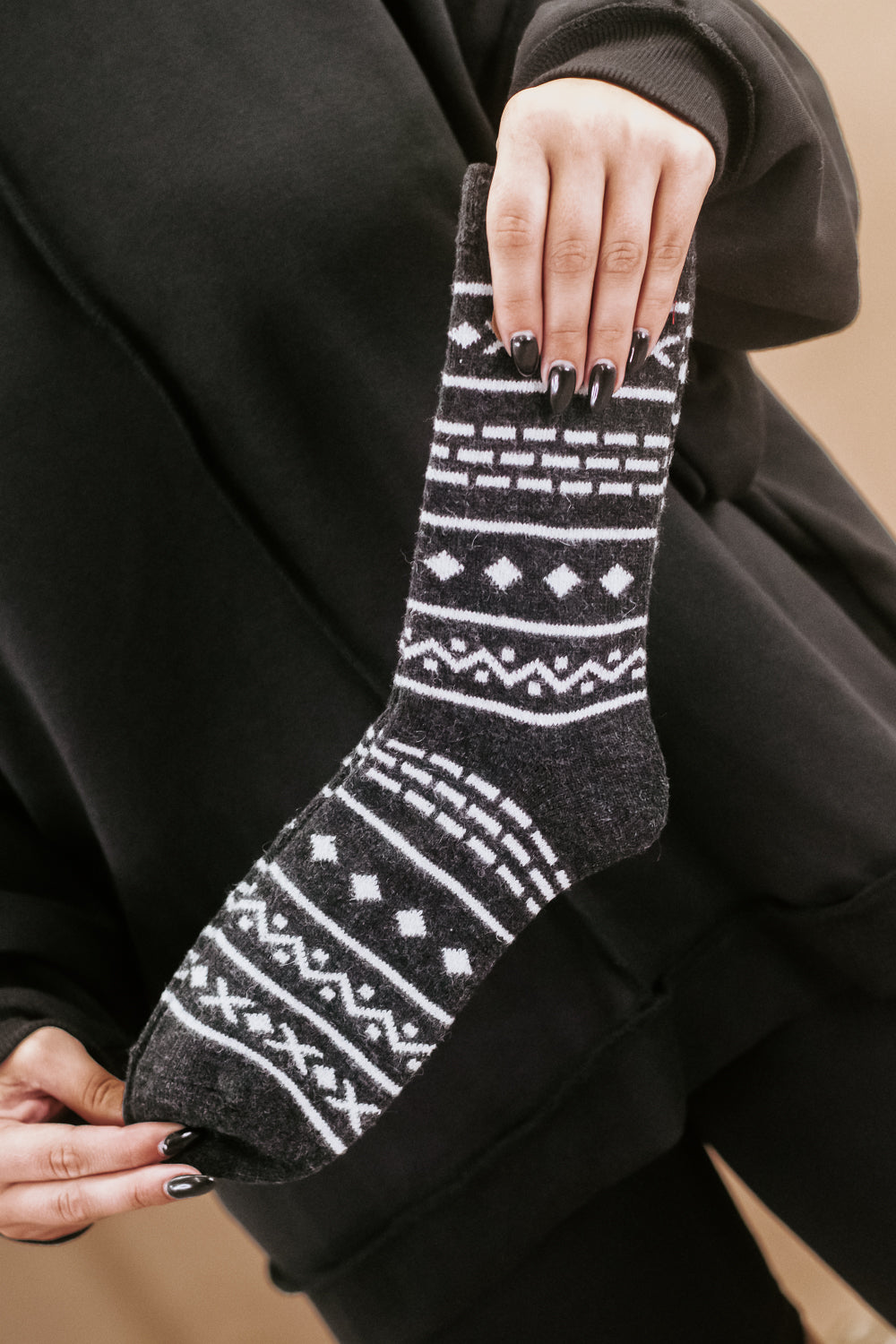Aztec Wool Blend Crew Socks, Charcoal