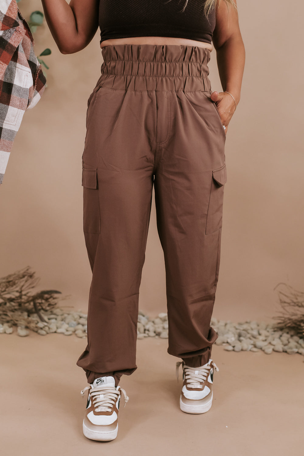 High Waisted Paperbag Joggers, Brown