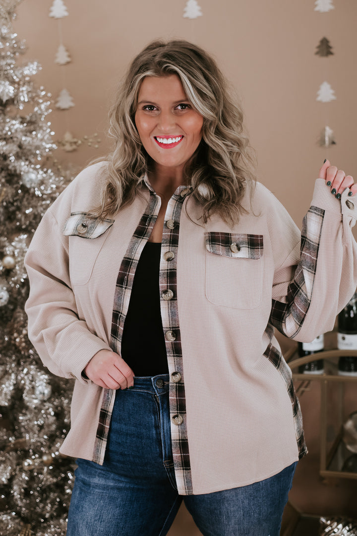 Flannel Trimmed Shacket, Taupe