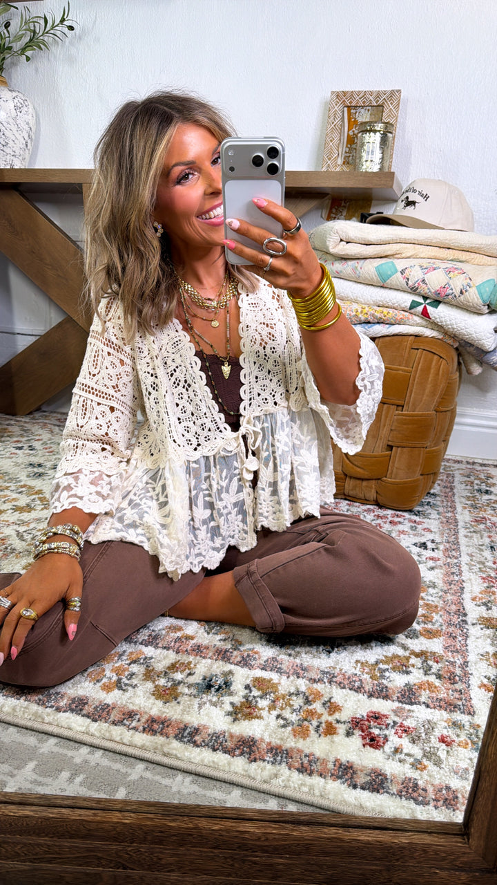 Clover Wind Crochet Cardigan Top, Natural