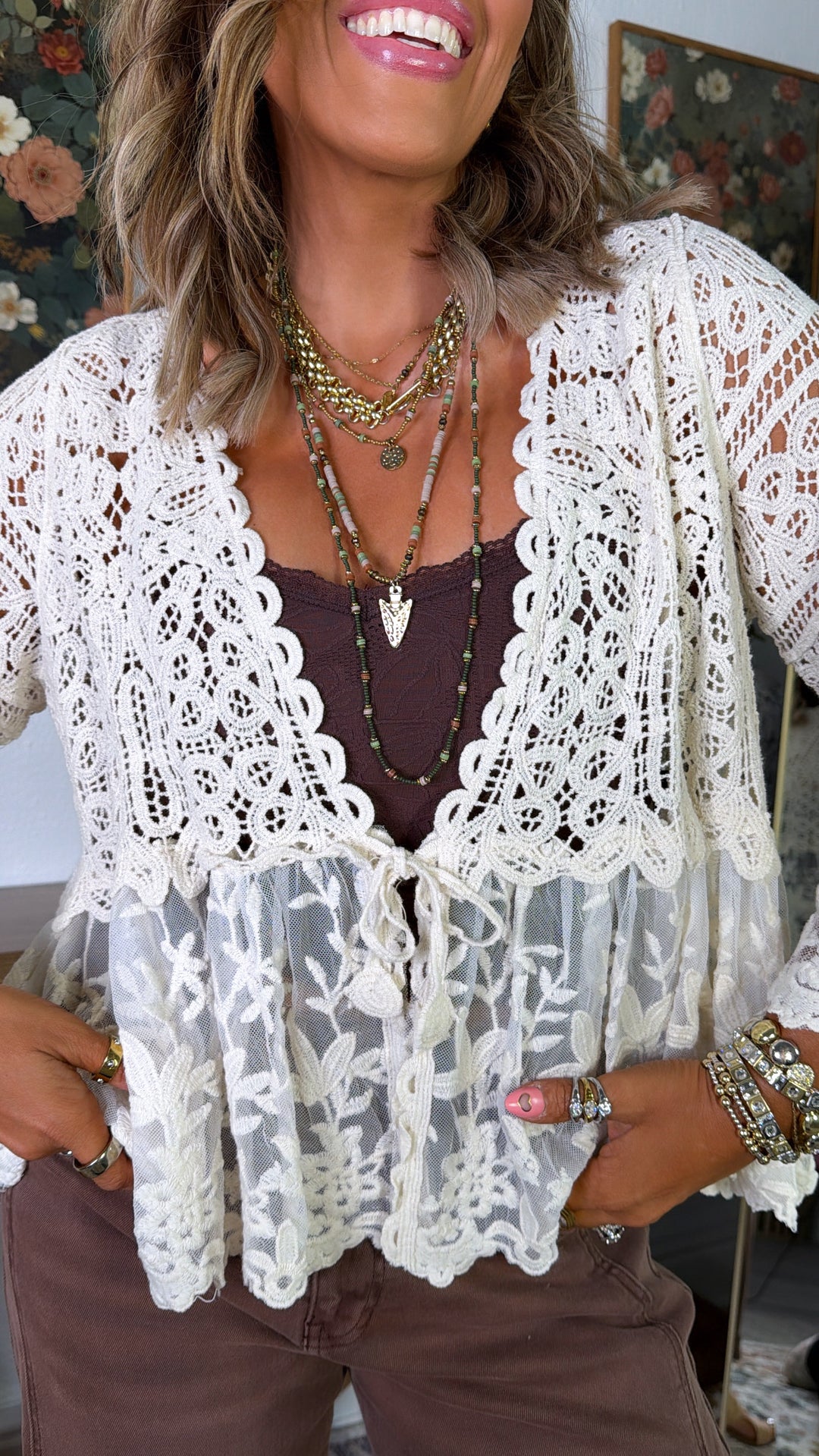 Clover Wind Crochet Cardigan Top, Natural