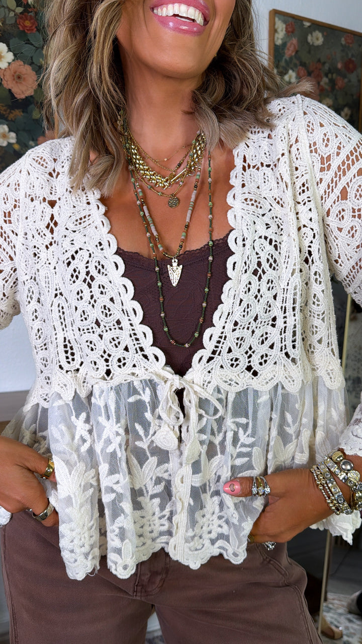 Clover Wind Crochet Cardigan Top, Natural