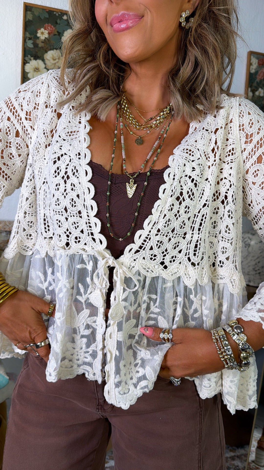 Clover Wind Crochet Cardigan Top, Natural