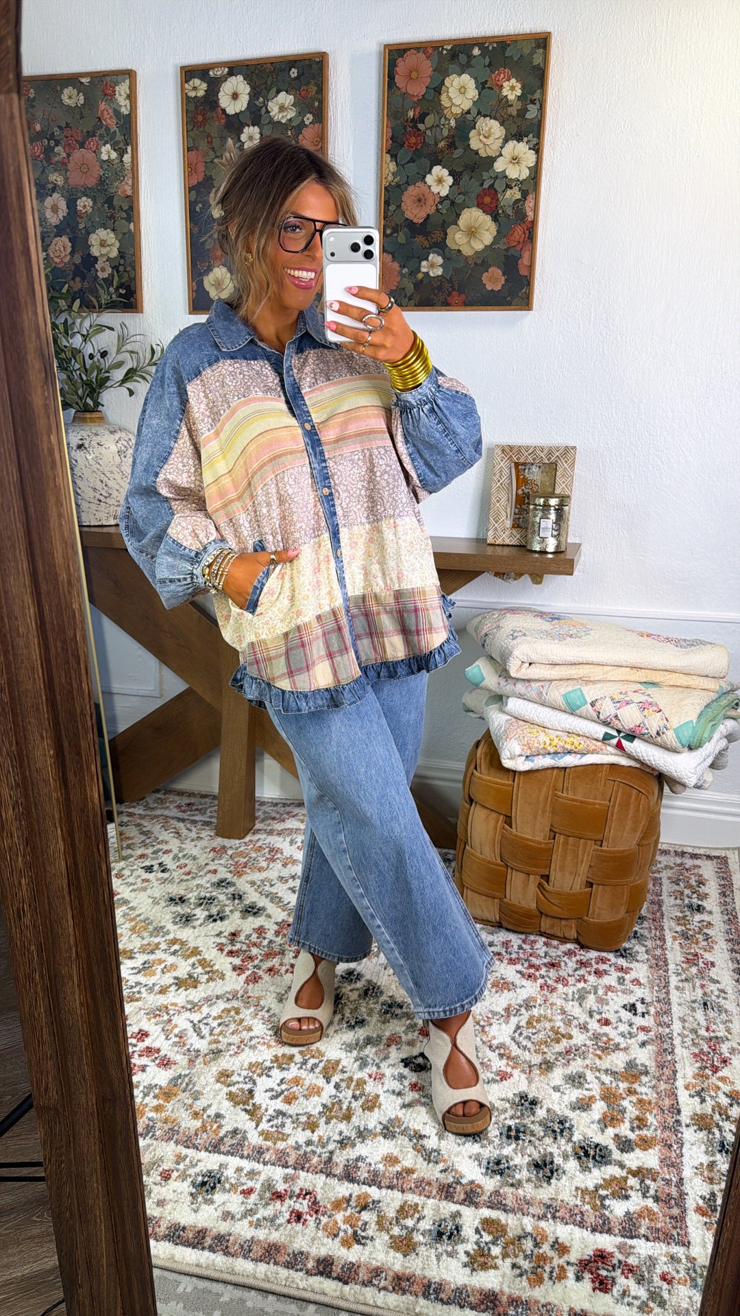 Oversized Denim & Floral Button Up, Denim Multi