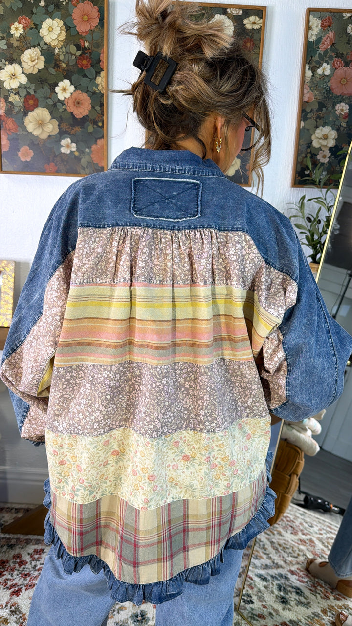 Oversized Denim & Floral Button Up, Denim Multi