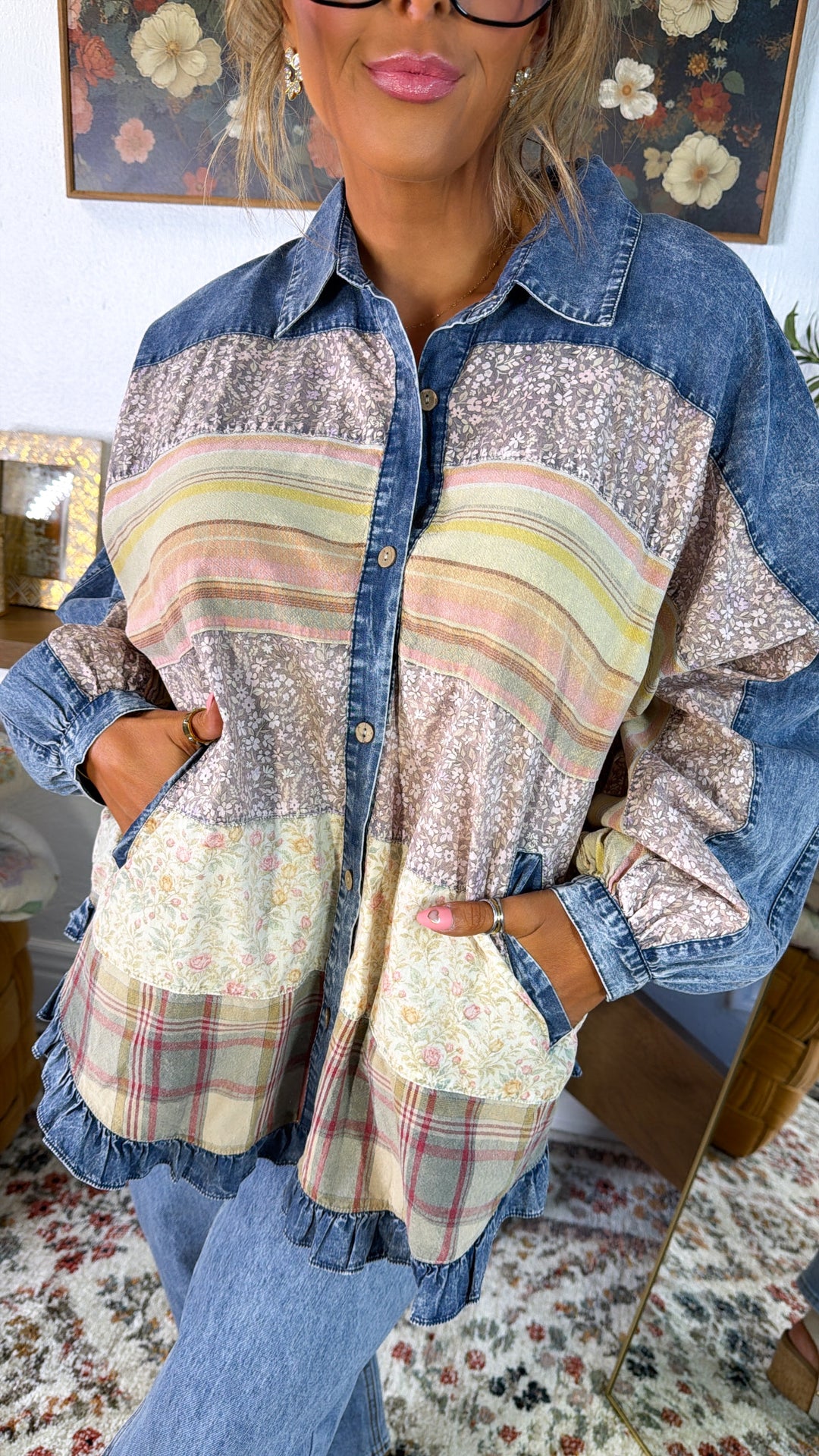 Oversized Denim & Floral Button Up, Denim Multi