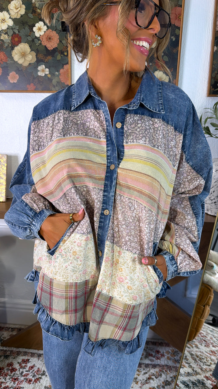 Oversized Denim & Floral Button Up, Denim Multi