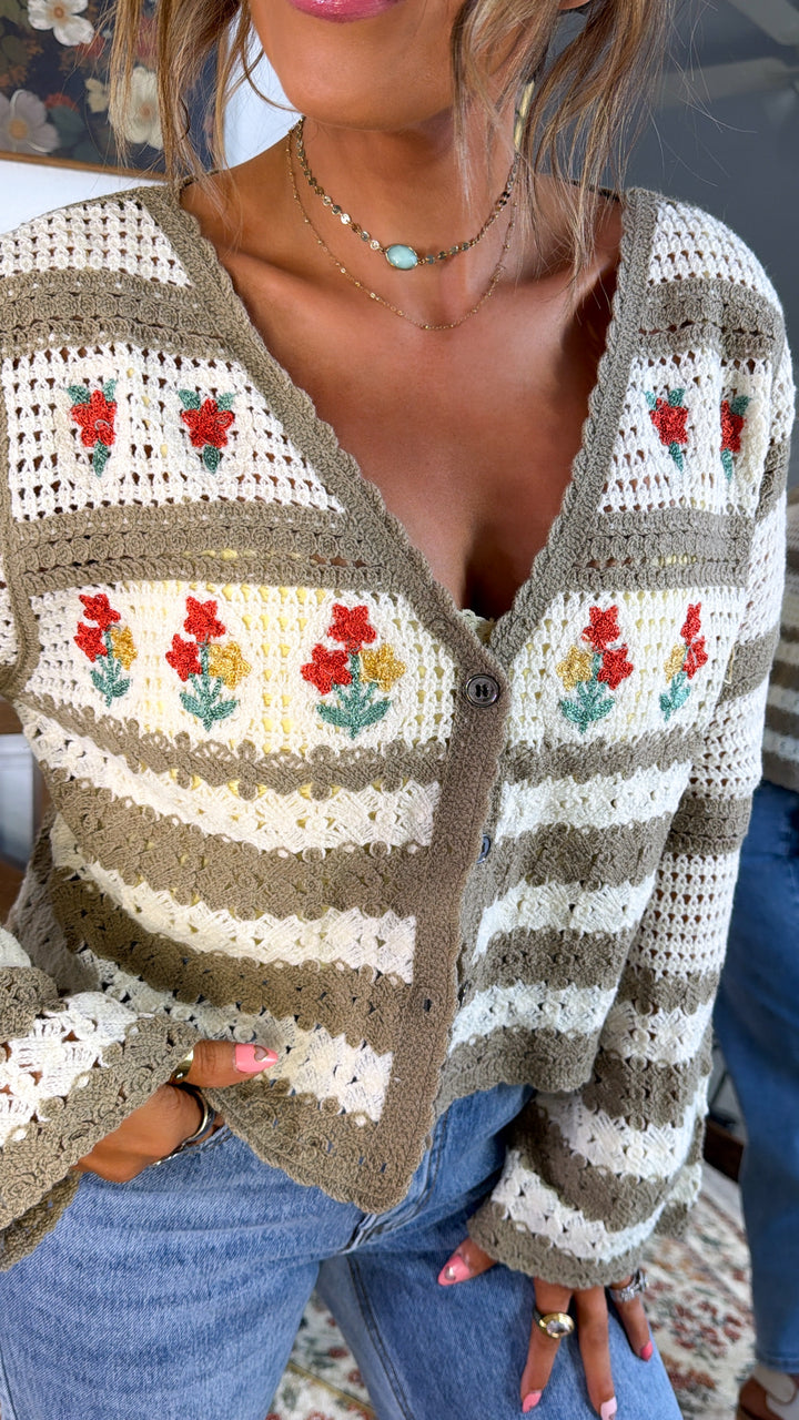 Flower Sprout Knit Cardigan, Mocha Multi