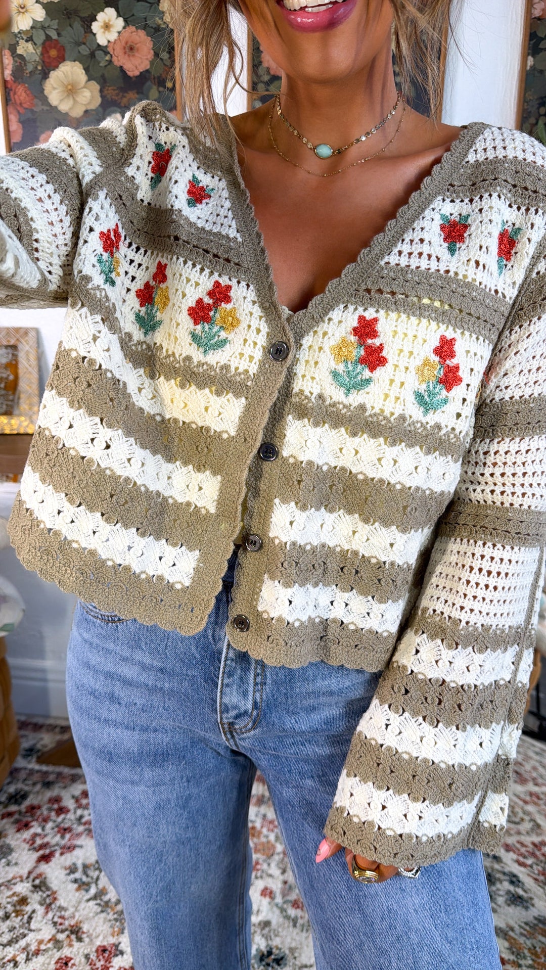Flower Sprout Knit Cardigan, Mocha Multi
