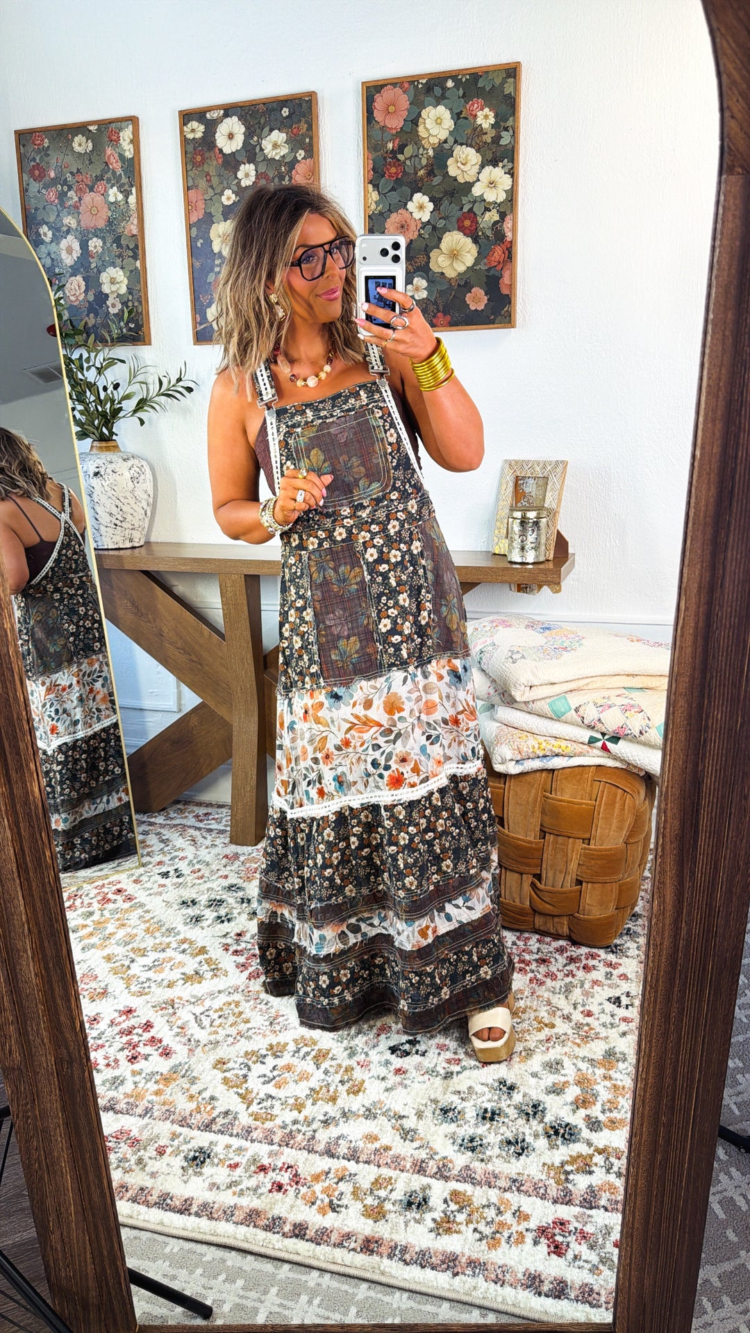 Blush Field Overall Dress, Olive Multi