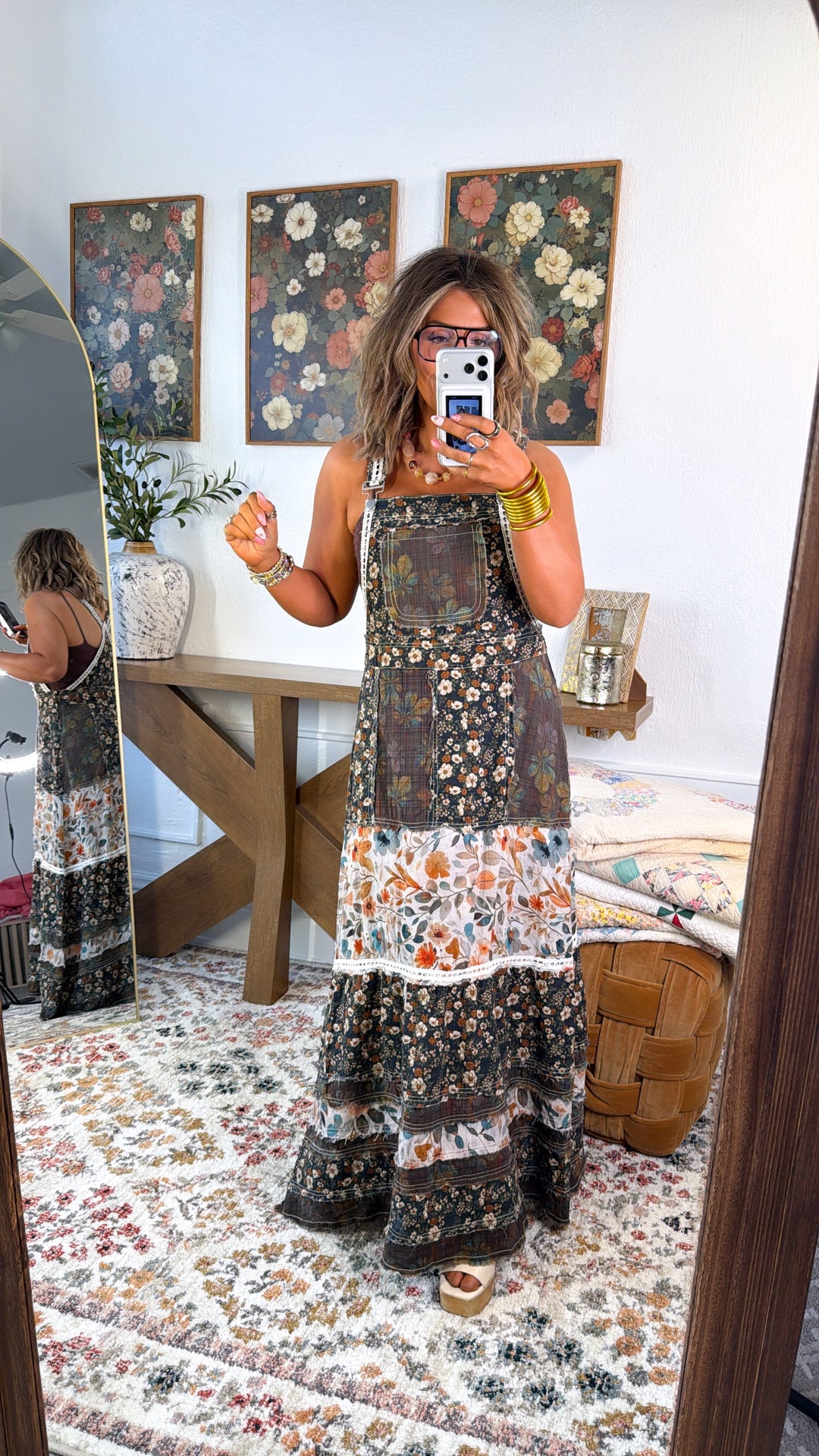 Blush Field Overall Dress, Olive Multi