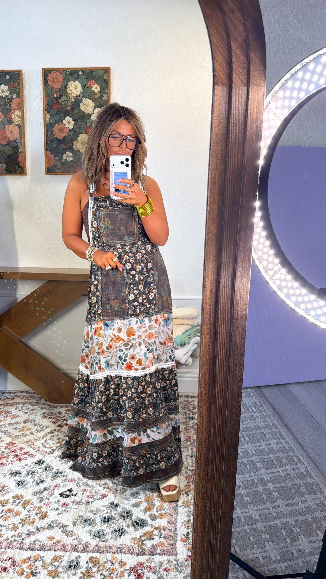 Blush Field Overall Dress, Olive Multi