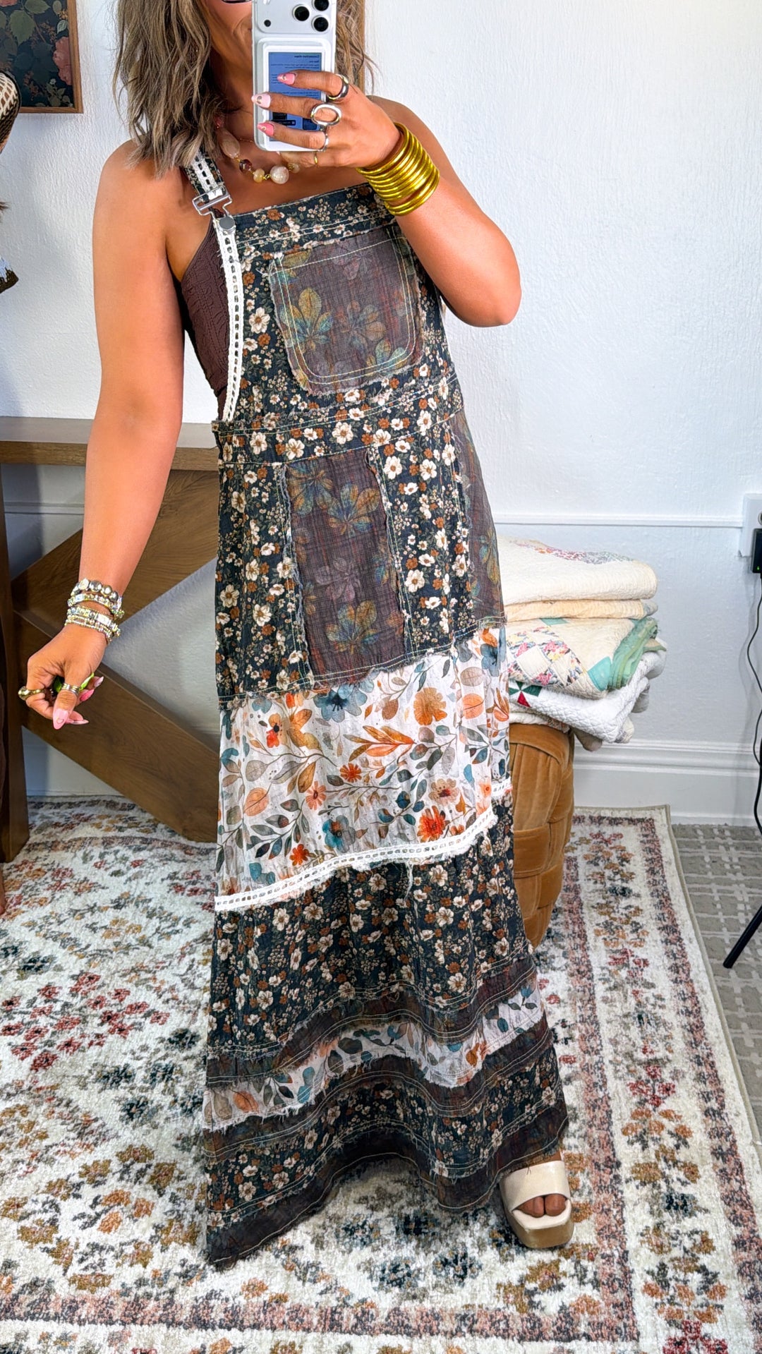 Blush Field Overall Dress, Olive Multi