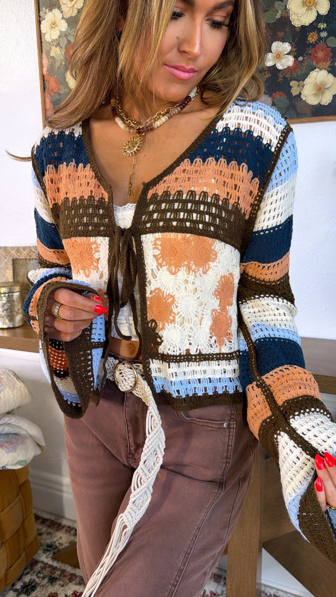 Ocean Stitch Knit Cardigan, Salmon Multi