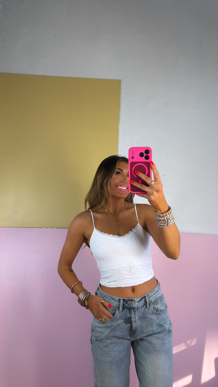 Double Layered Lace Trimmed Cami, White