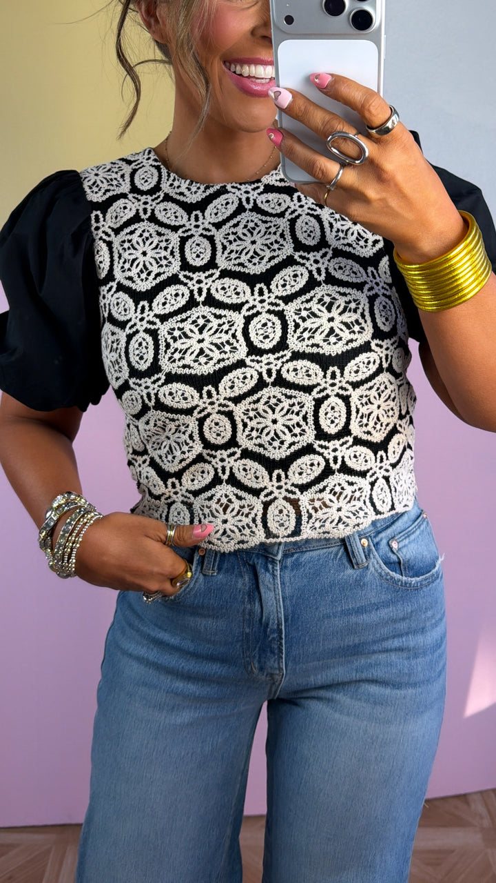 Antique Lace Puff Sleeve Top, Black