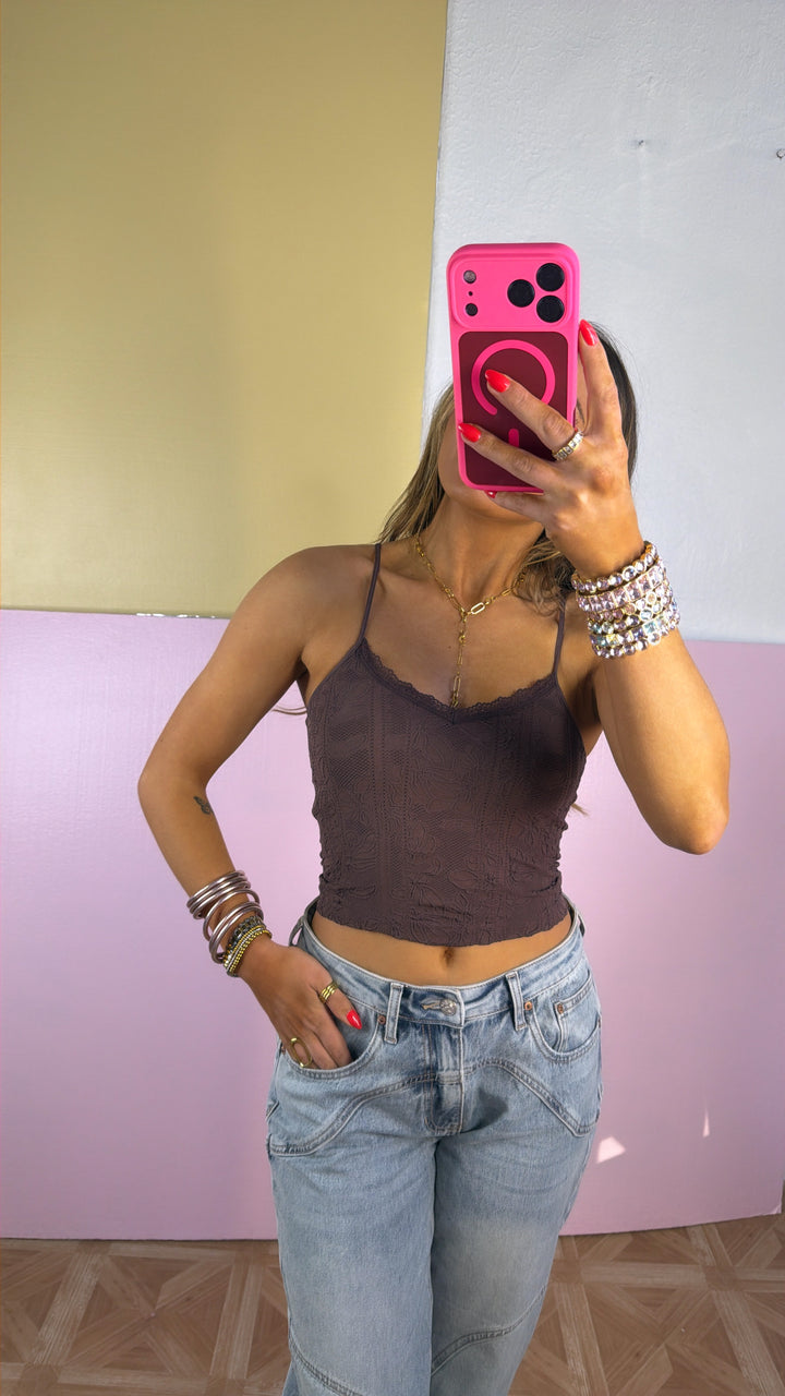 Double Layered Lace Trimmed Cami, French Roast