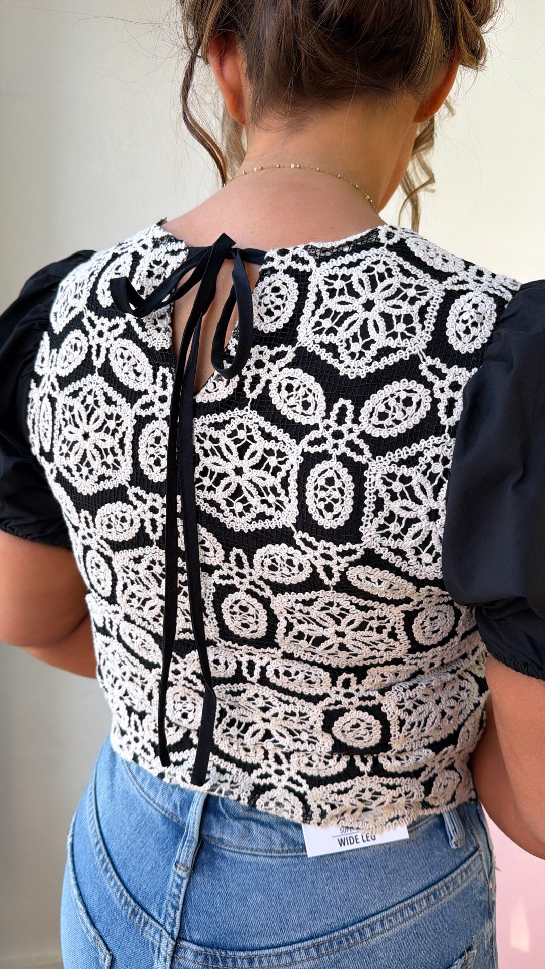 Antique Lace Puff Sleeve Top, Black