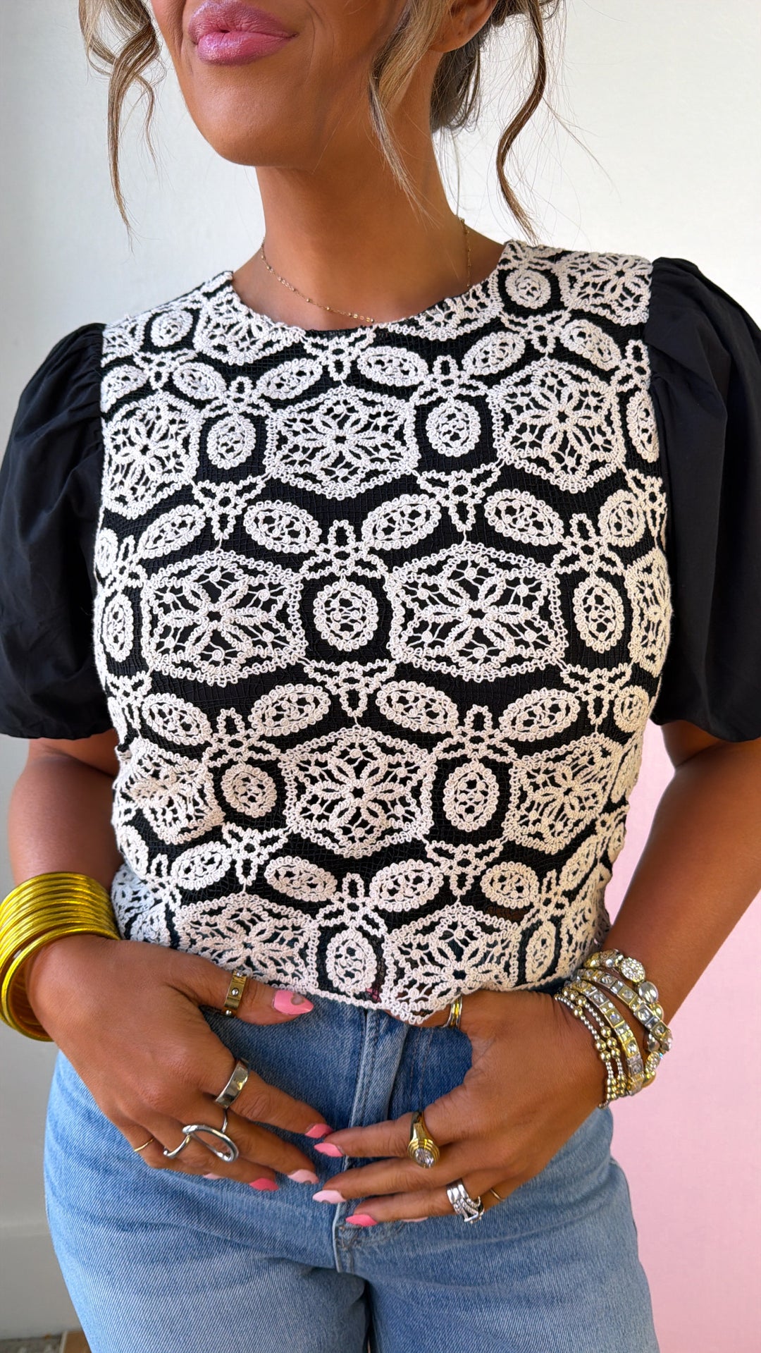 Antique Lace Puff Sleeve Top, Black