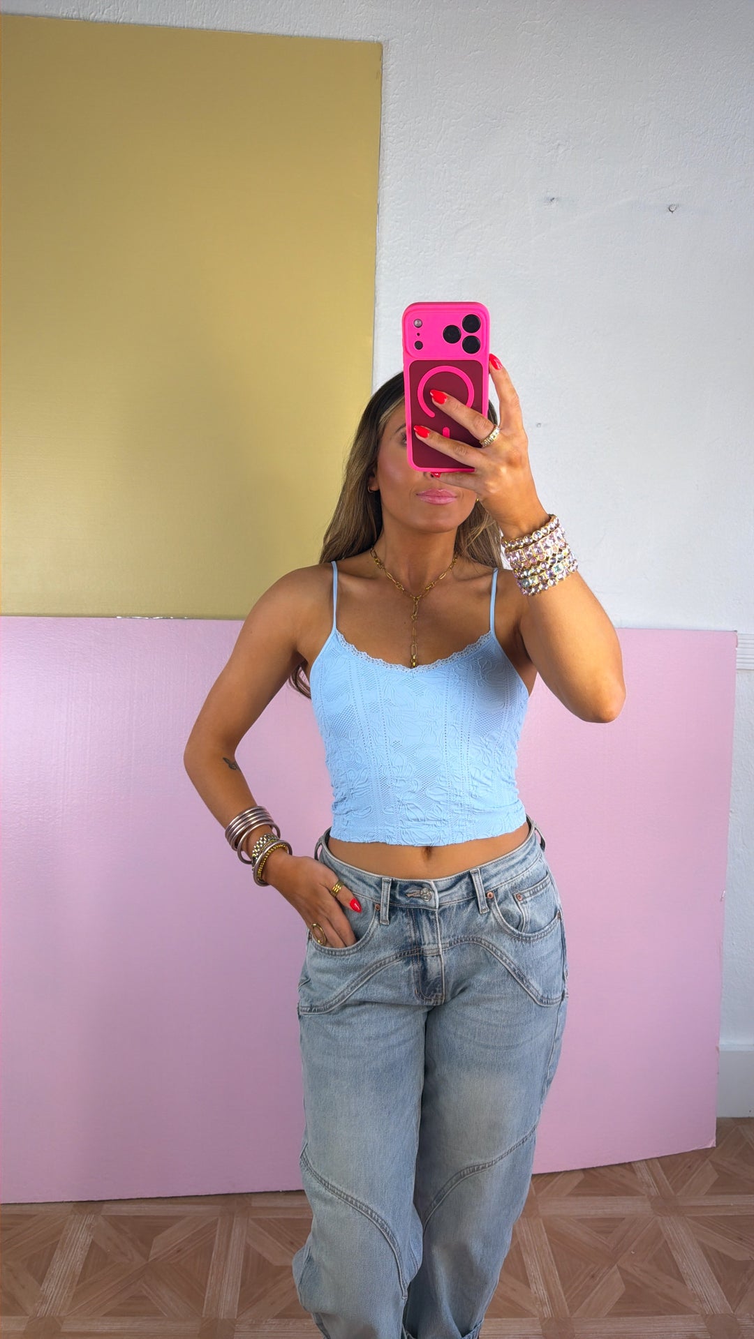 Double Layered Lace Trimmed Cami, Serene Blue