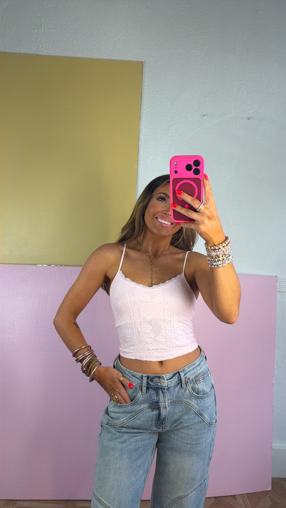 Double Layered Lace Trimmed Cami, Icy Pink